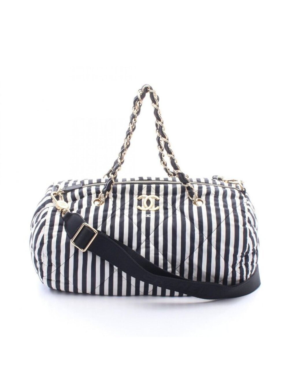 Chanel CC Logo Bowling Bag Stripe 2-Way Black White Nylon Leather Large